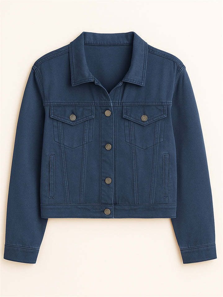 Women's Elegant Chest Pocket Candy Color Lapel Short Denim Jackets