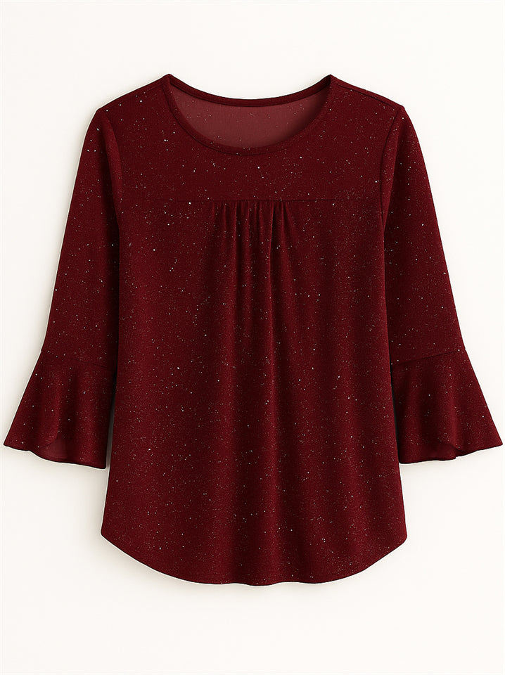 Women's Solid Color Mesh Patchwork Bling 3/4 Flare Sleeve Shirt