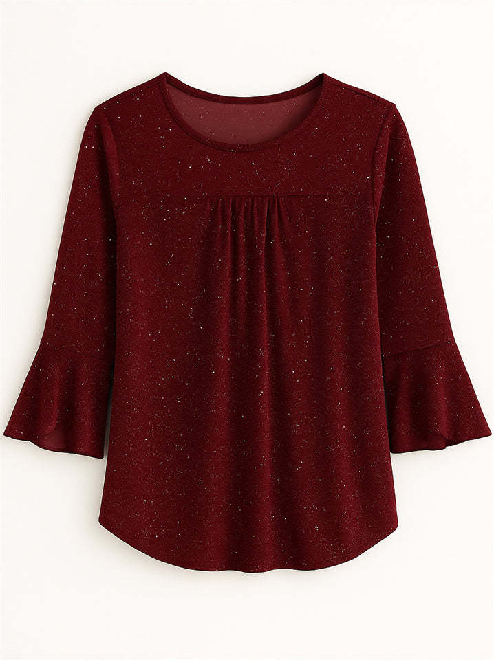 Women's Solid Color Mesh Patchwork Bling 3/4 Flare Sleeve Shirt