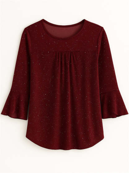 Women's Solid Color Mesh Patchwork Bling 3/4 Flare Sleeve Shirt
