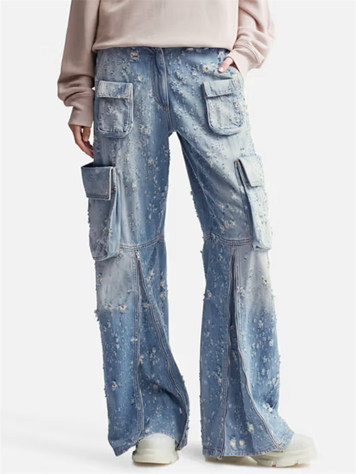 Trendy Women's Blue Wide Leg Cargo Ripped Denim Pants