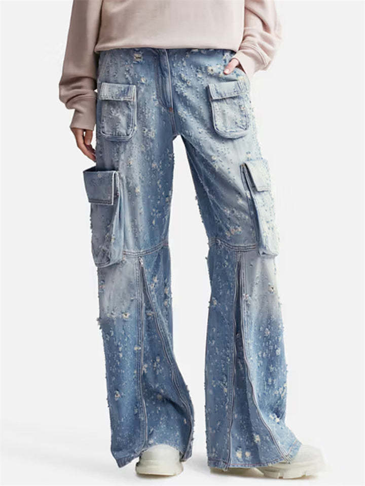 Trendy Women's Blue Wide Leg Cargo Ripped Denim Pants