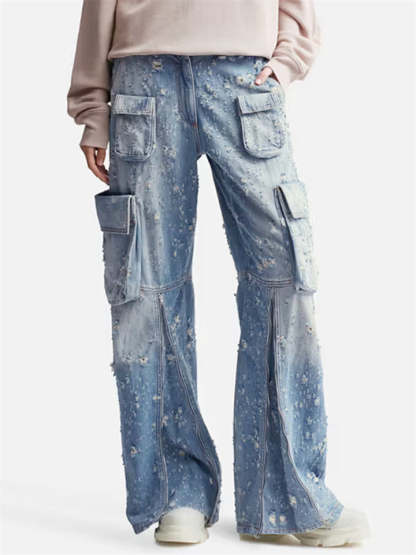 Trendy Women's Blue Wide Leg Cargo Ripped Denim Pants