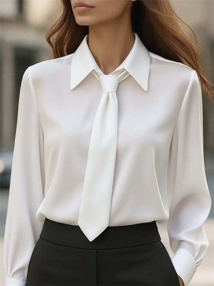 Ladies' Elegant Simple Solid Color Lapel Tie Long Sleeve Blouses
