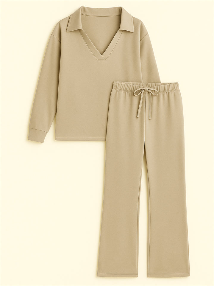 Women's 2Pcs Autumn Casual Solid Color  V Neck Lapel Long Sleeve Outfit