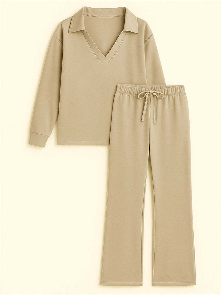 Women's 2Pcs Autumn Casual Solid Color  V Neck Lapel Long Sleeve Outfit