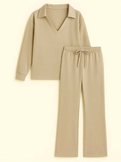 Women's 2Pcs Autumn Casual Solid Color  V Neck Lapel Long Sleeve Outfit