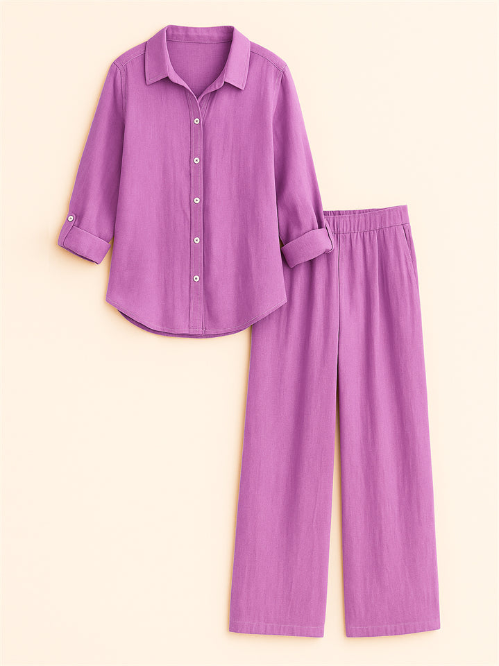 Casual Holiday Style Lapel Solid Color Long Sleeve Shirt & Pant Set