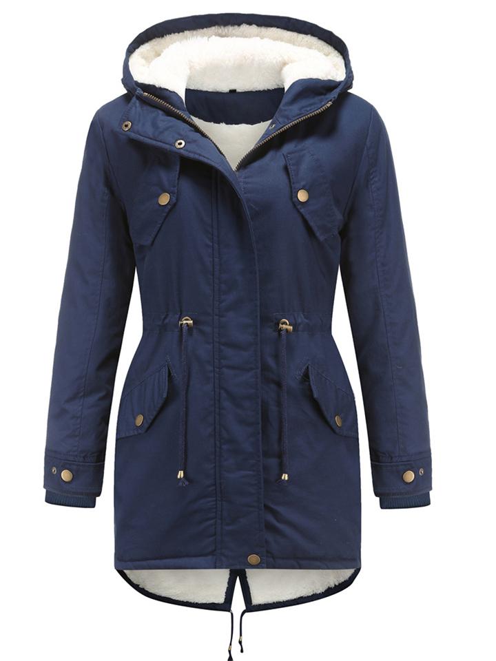 Autumn Fleeced Solid Color Zip Up Hooded Parka Coat