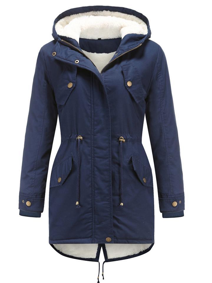 Autumn Fleeced Solid Color Zip Up Hooded Parka Coat