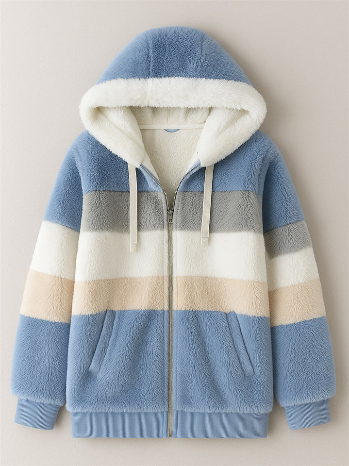 Women's Winter Color Block Cozy Faux Fur Fleece Zip Up Hooded Coat