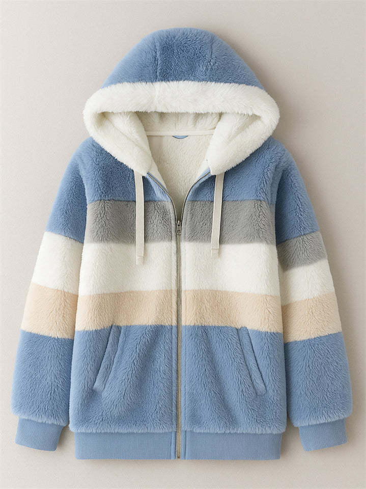 Women's Winter Color Block Cozy Faux Fur Fleece Zip Up Hooded Coat
