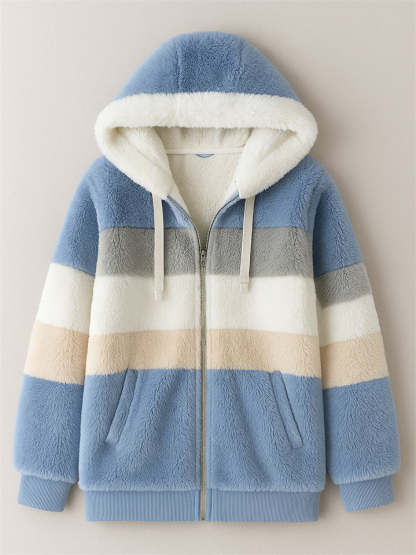 Women's Winter Color Block Cozy Faux Fur Fleece Zip Up Hooded Coat