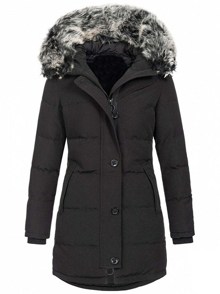 Women's Winter Solid Color Mid-Length Padded Coat with Faux Fur Hood