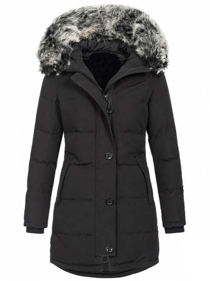 Women's Winter Solid Color Mid-Length Padded Coat with Faux Fur Hood