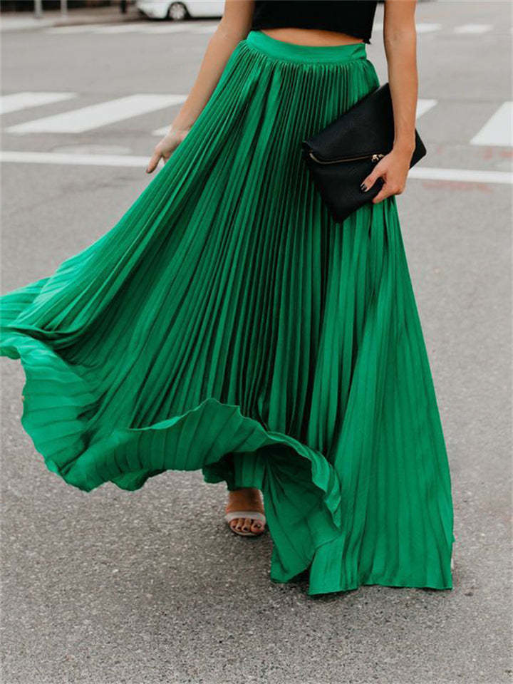 Women's Solid Color Mid-waist Pleated Big Hem A-Line Skirts