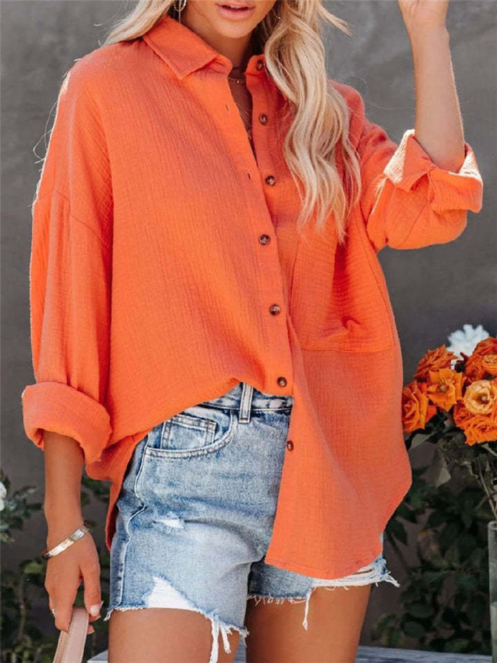 Women's Caual Candy Color Texture Button Up Long Sleeve Blouse