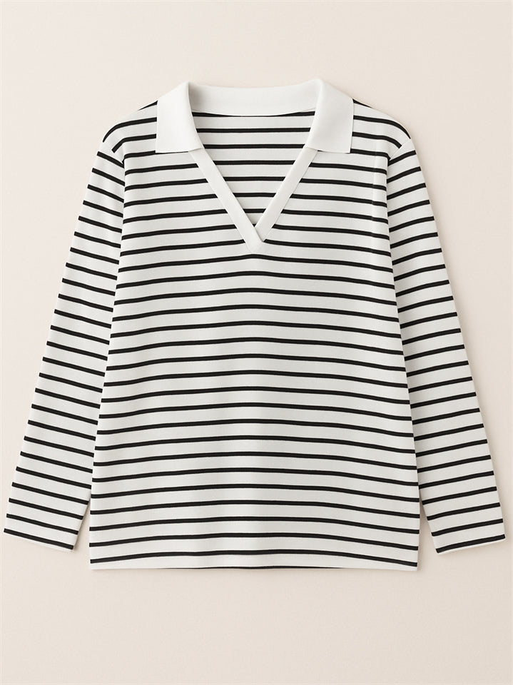 Women's Stripe Contrast Color V Neck Pullover Long Sleeve Shirts