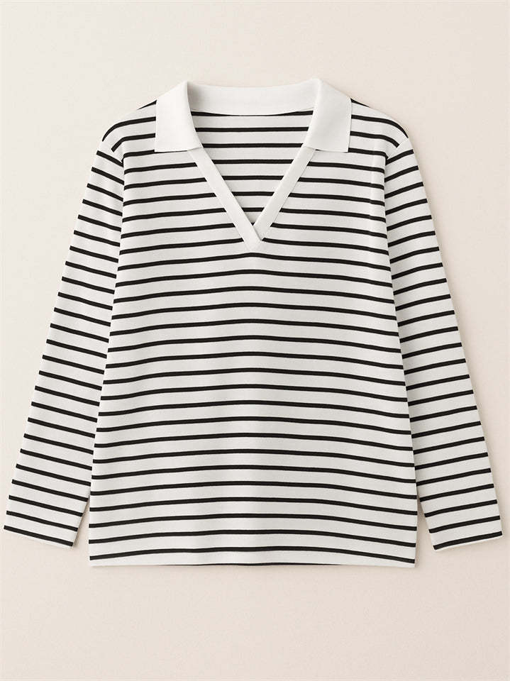 Women's Stripe Contrast Color V Neck Pullover Long Sleeve Shirts