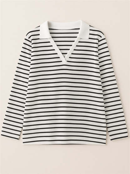 Women's Stripe Contrast Color V Neck Pullover Long Sleeve Shirts