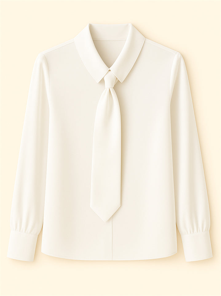 Ladies' Elegant Simple Solid Color Lapel Tie Long Sleeve Blouses