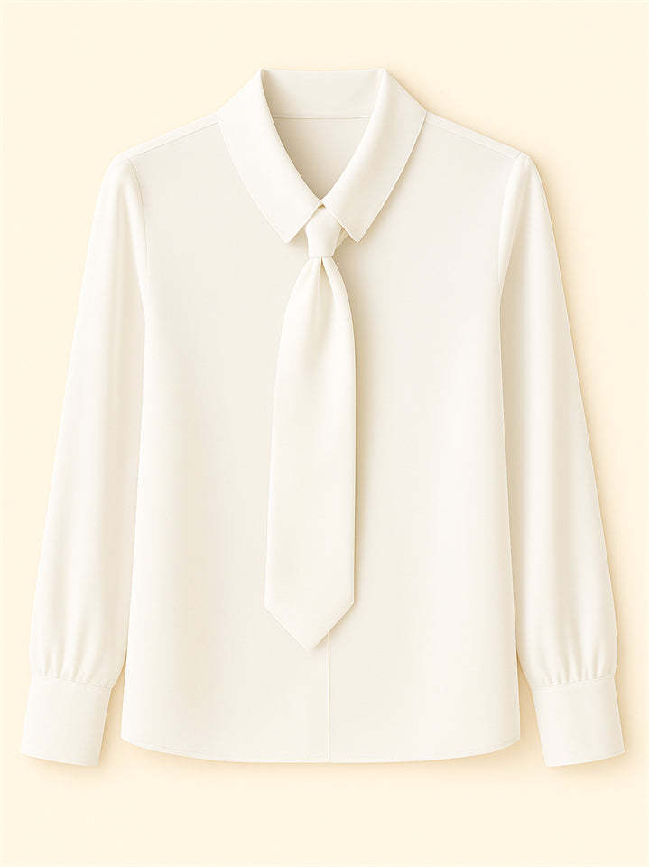 Ladies' Elegant Simple Solid Color Lapel Tie Long Sleeve Blouses