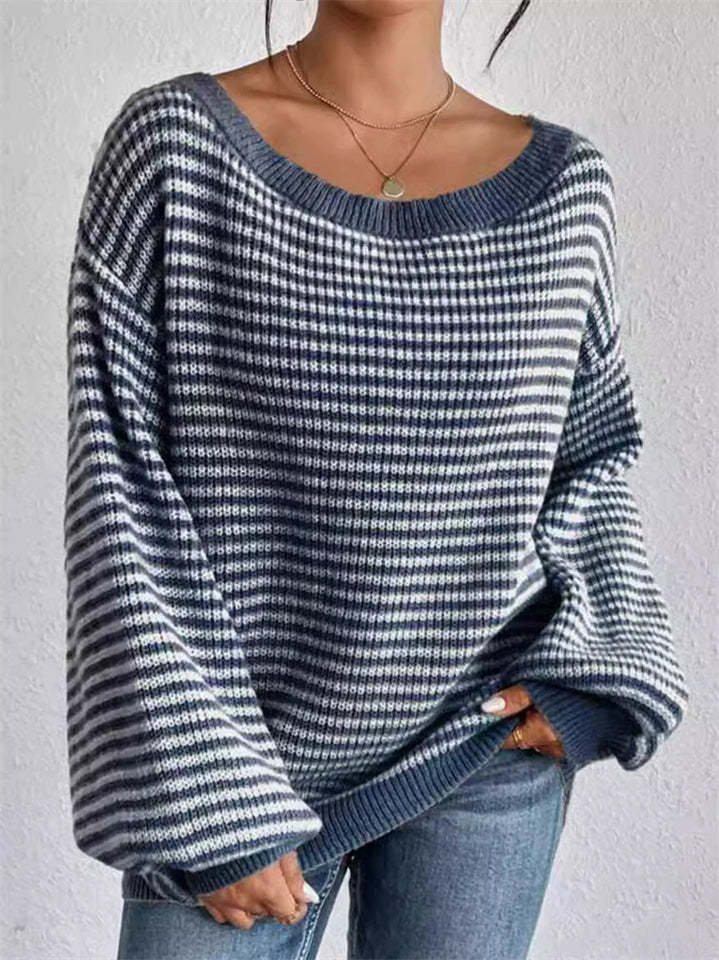 Comfy Autumn Elegant Contrast Color Striped Sabrina Collar Sweaters