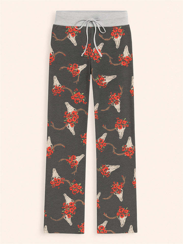 Women's Casual Floral Printed Drawstring Wide-Leg Pants