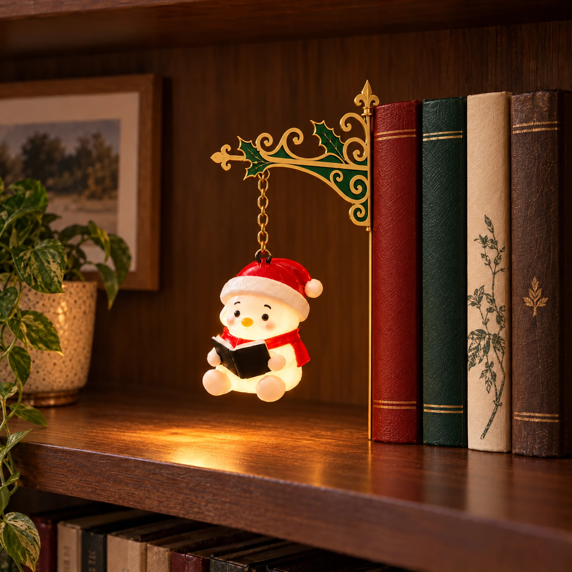 Christmas Bookshelf Santa Light displayed between classic books