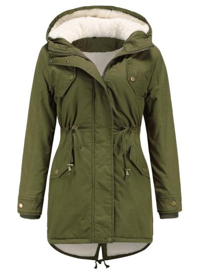 Autumn Fleeced Solid Color Zip Up Hooded Parka Coat