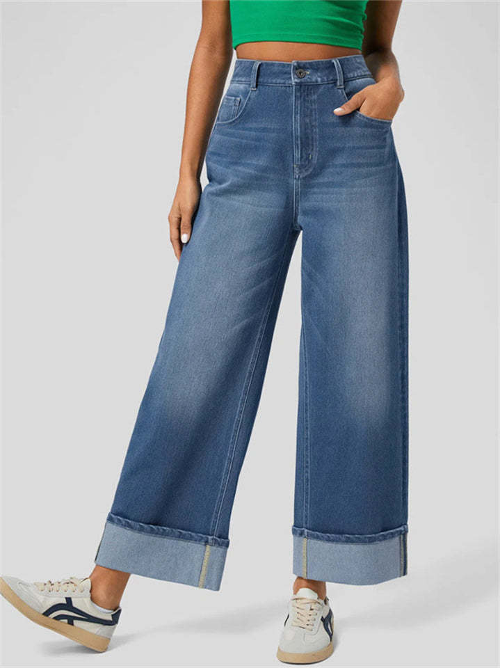 Trendy High Waist Blue Wide Leg Whisker Denim Pants for Women