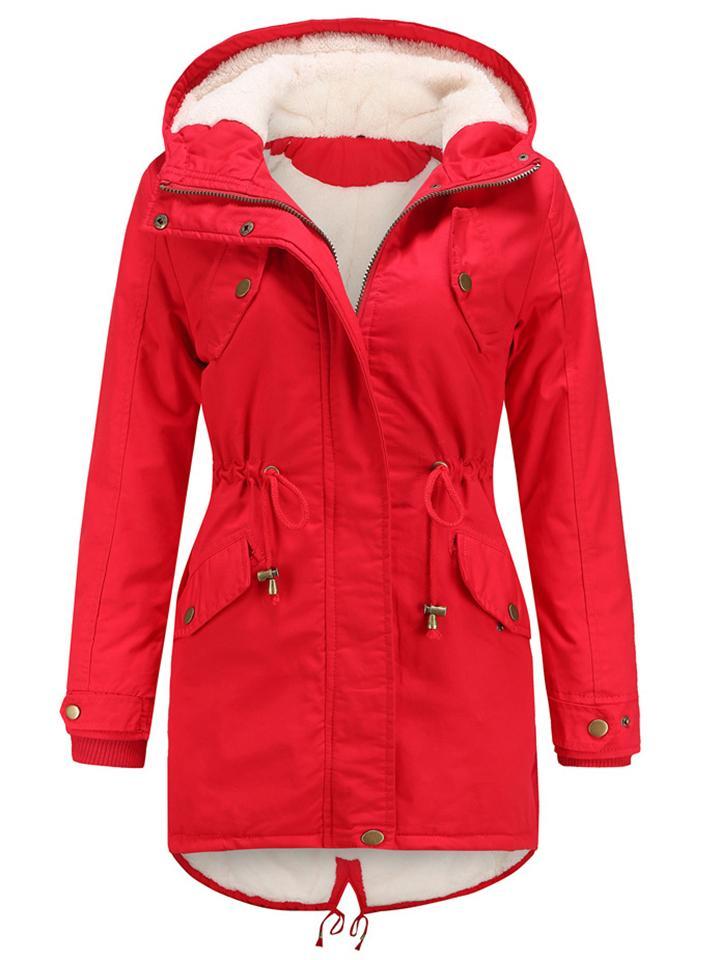 Autumn Fleeced Solid Color Zip Up Hooded Parka Coat