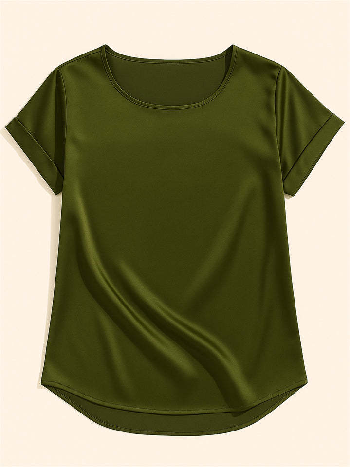 Female's Summer Simple Solid Color Round Neck Short Sleeve Satin Shirts