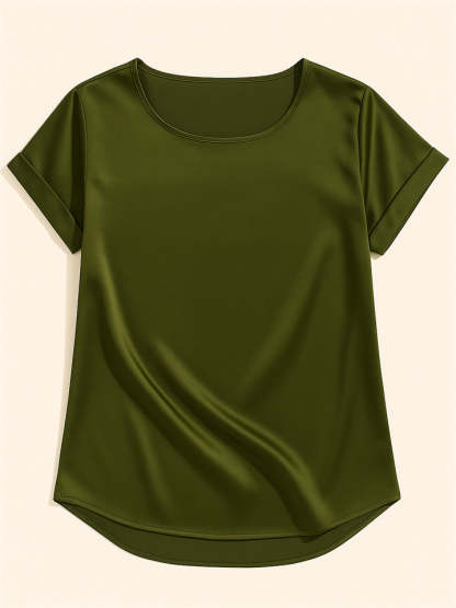 Female's Summer Simple Solid Color Round Neck Short Sleeve Satin Shirts
