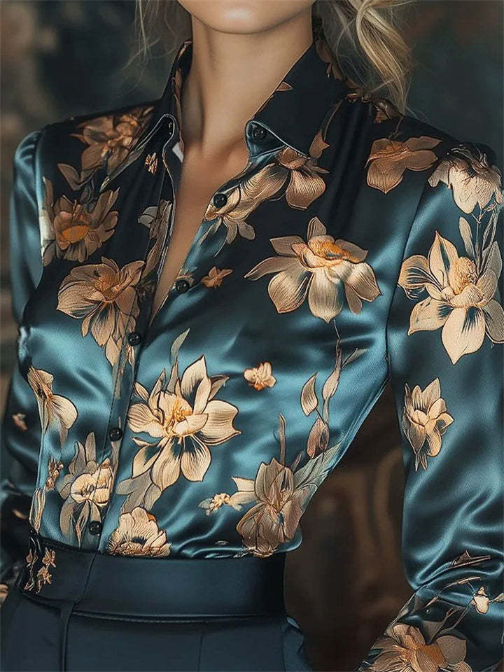 Elegant Golden Floral Printed Satin Slim Fit Long Sleeve Shirts