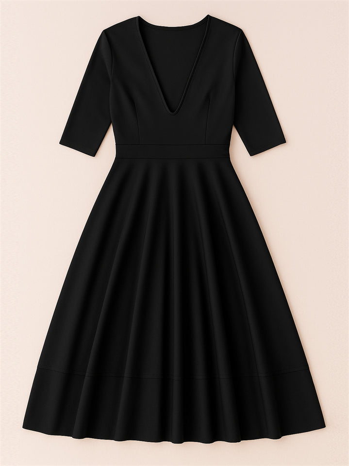 Ladies' Elegant Deep-V Neck Solid Color Half Sleeve Midi Dress