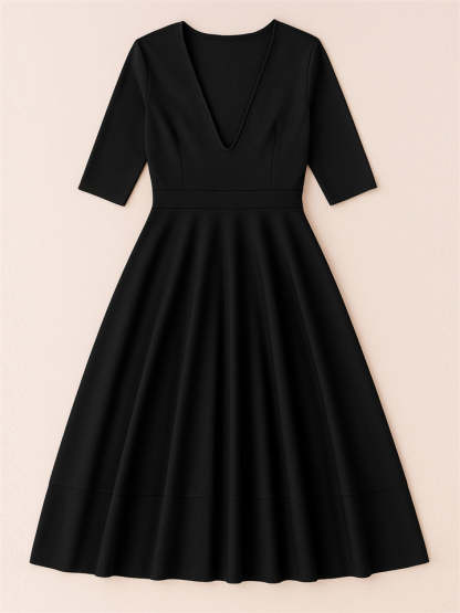 Ladies' Elegant Deep-V Neck Solid Color Half Sleeve Midi Dress