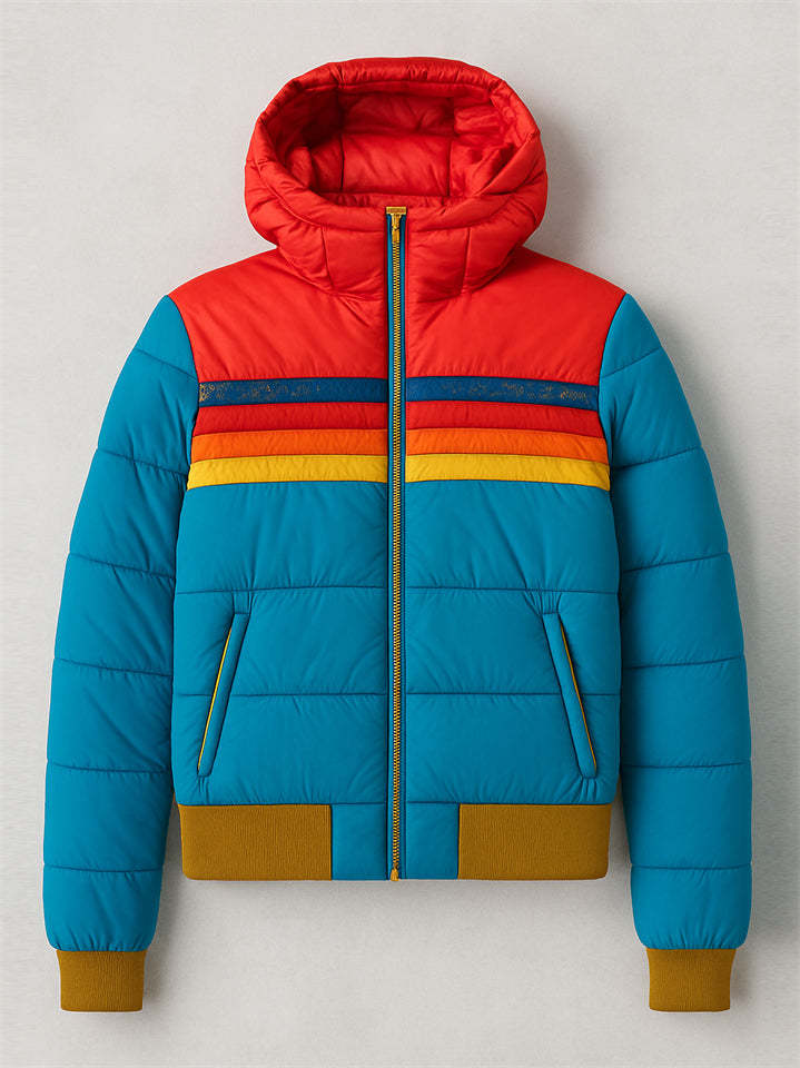 Female's Casual Hooded Contrast Color Striped Waist Length Padded Jacket