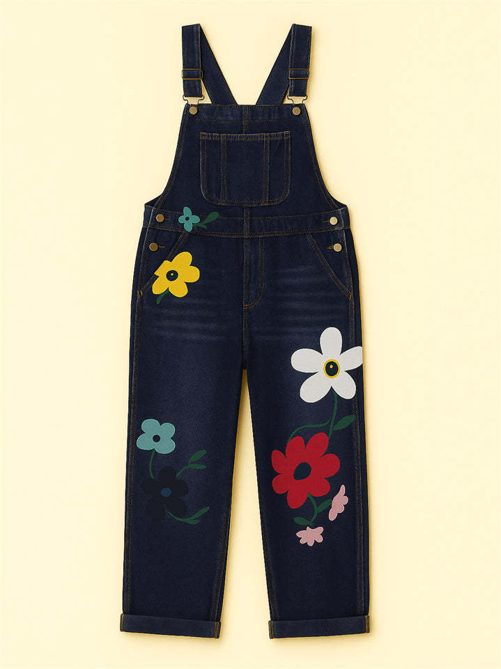 Women's Floral Print Denim Pockets Cargo Overall Jumpsuit