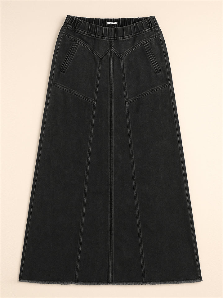 Women's Distressed Solid Color Elastic Waistband Denim Skirt