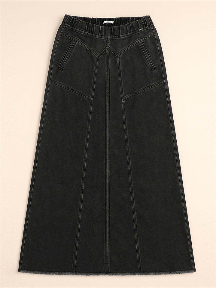 Women's Distressed Solid Color Elastic Waistband Denim Skirt