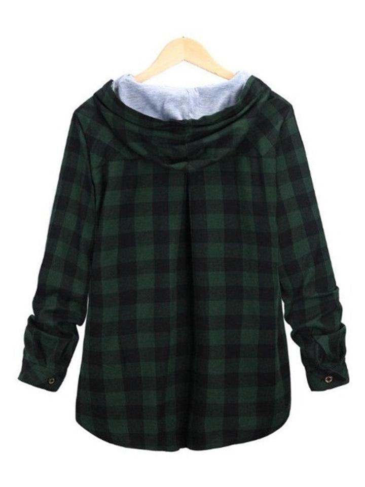 Women's Contrasting Plaid Long Sleeve Button Up Hooded Shirts