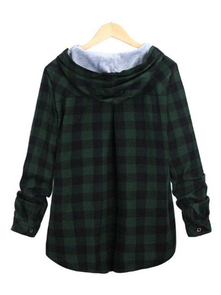 Women's Contrasting Plaid Long Sleeve Button Up Hooded Shirts