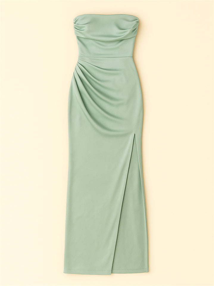 Ladies' Sexy Satin Strapless Ruched Side Split Evening Dresses
