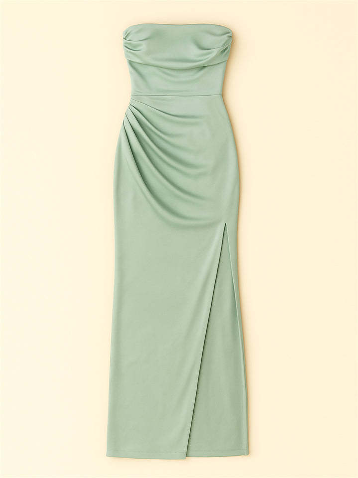 Ladies' Sexy Satin Strapless Ruched Side Split Evening Dresses