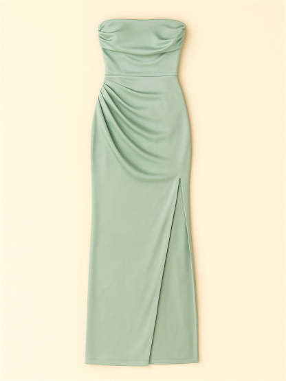 Ladies' Sexy Satin Strapless Ruched Side Split Evening Dresses
