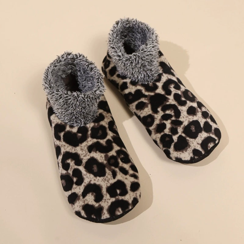 Fur Lined Leopard Indoor Floor Socks  