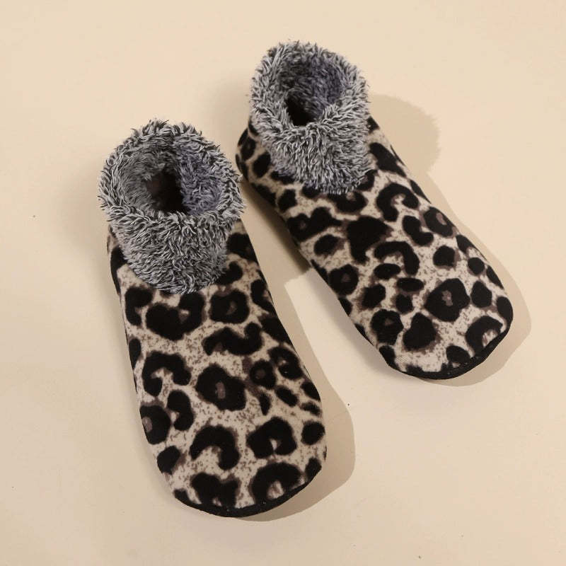 Fur Lined Leopard Indoor Floor Socks  