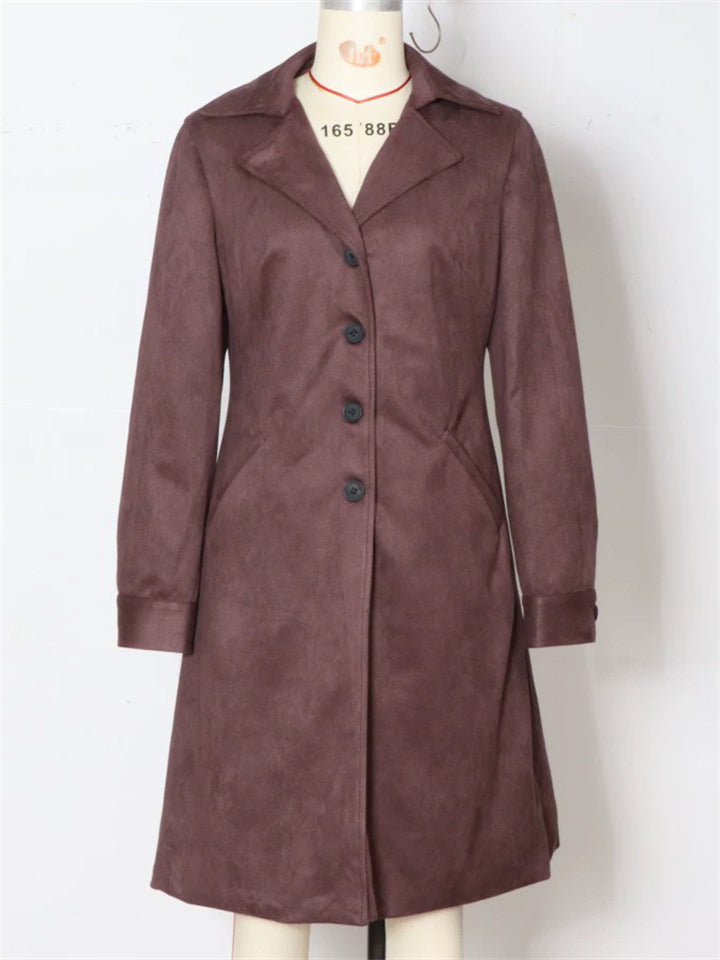 Vintage Autumn Faux Suede Single Breasted Midi Coats for Women