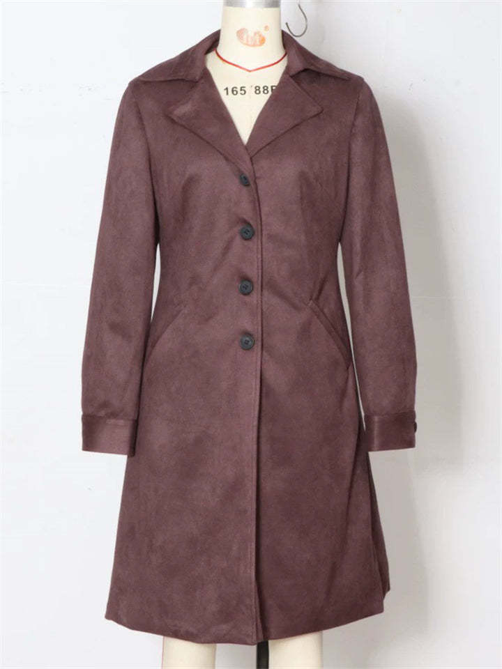 Vintage Autumn Faux Suede Single Breasted Midi Coats for Women